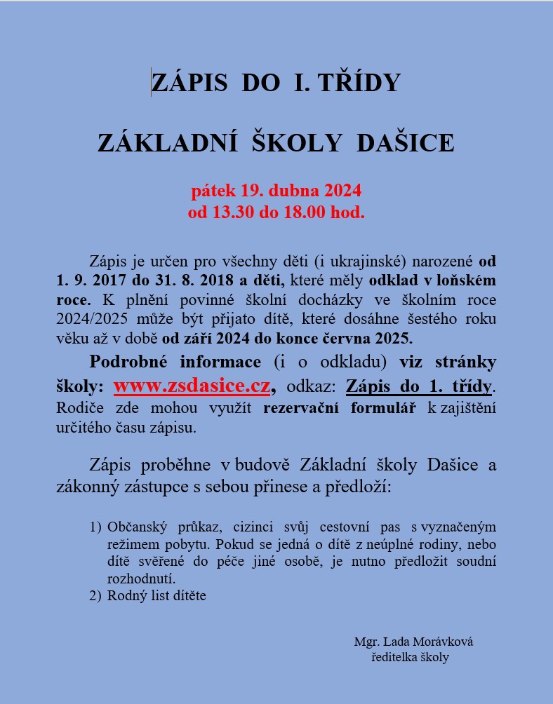 Zápis do<br>ZŠ Dašice 2024