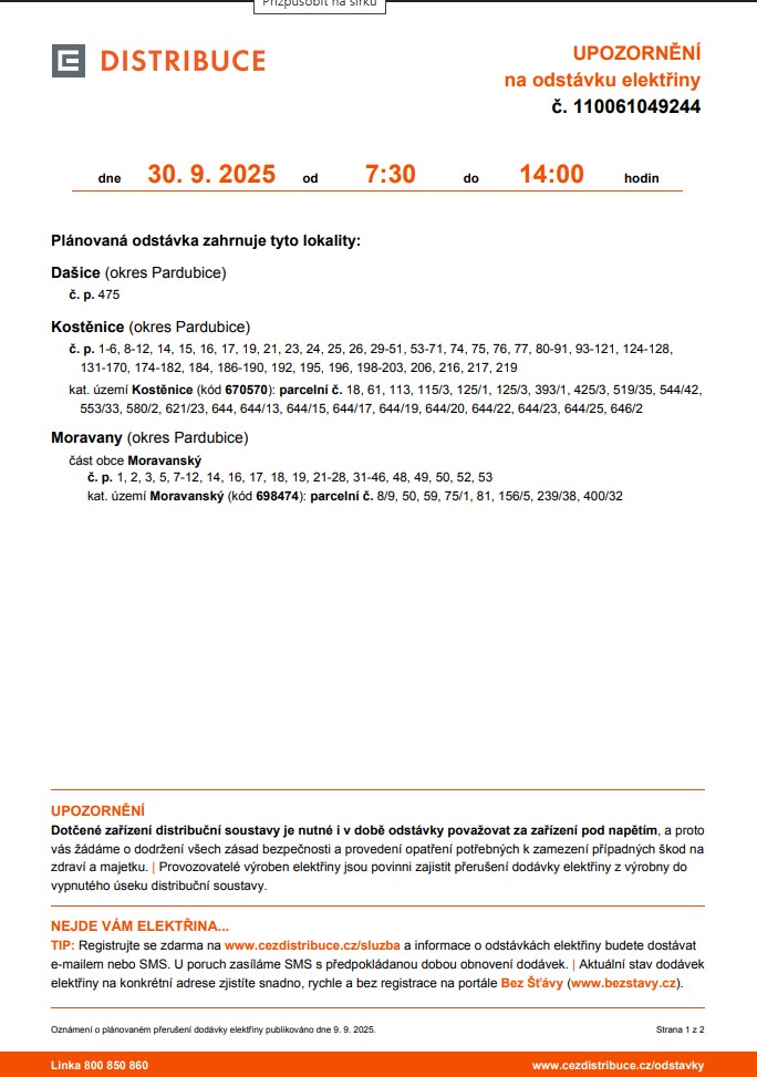 Odstávka<br>elektřiny