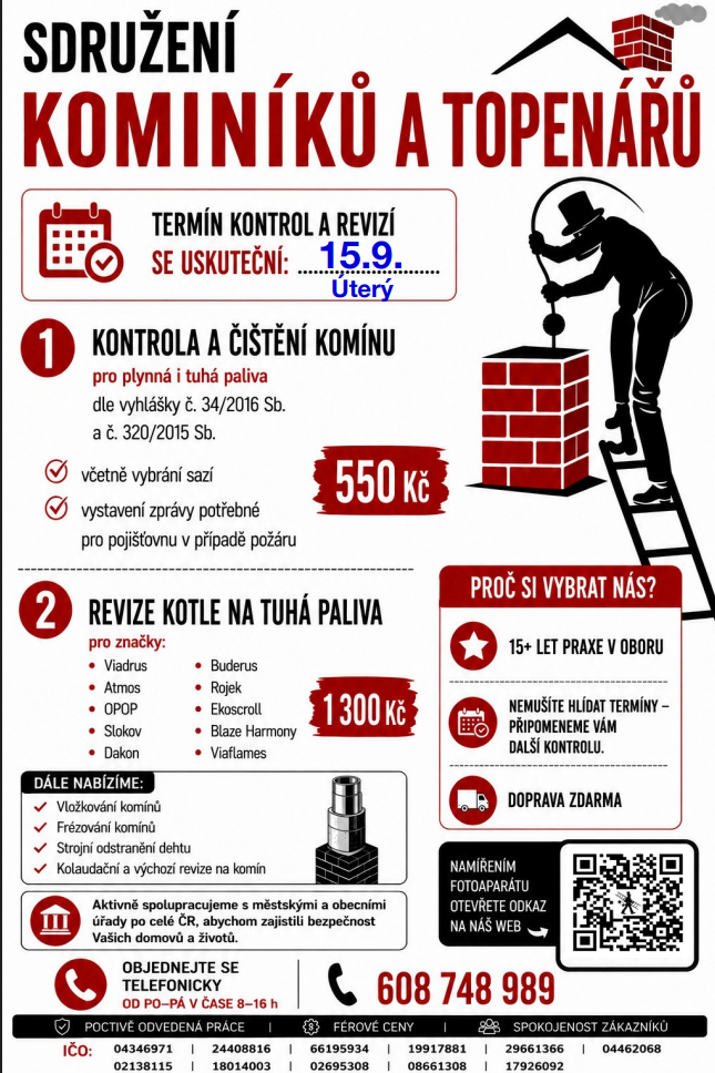 Čištění a revize<br>komínů a kotlů Čištění a revize<br>komínů a kotlů