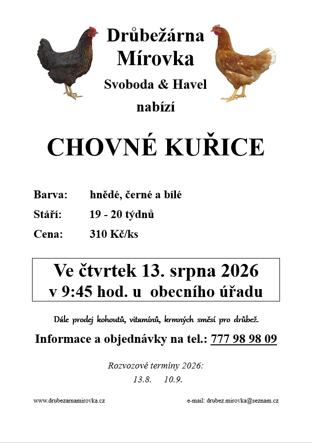 Drůbežárna Mírovka<br>Chovné kuřice Drůbežárna Mírovka<br>Chovné kuřice