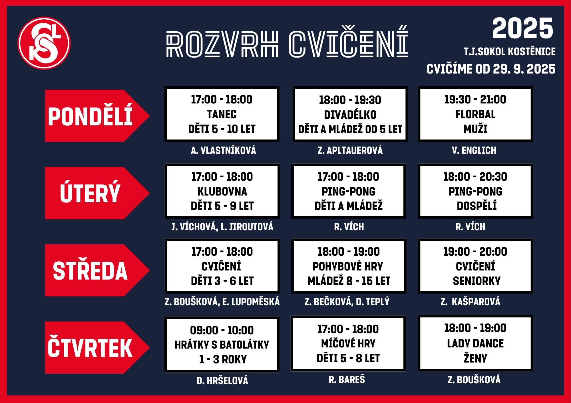SOKOL<br>Rozvrh cvičení