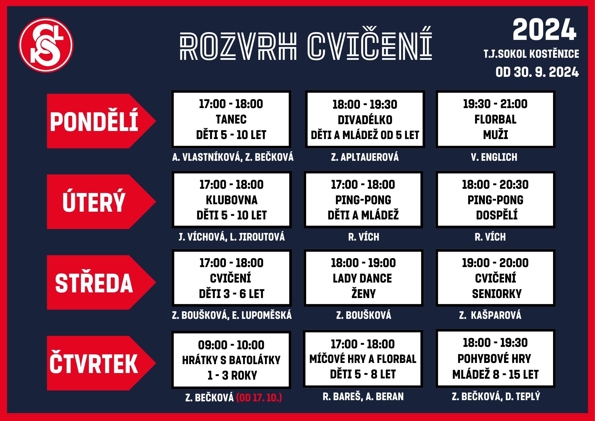 SOKOL<br>Rozvrh cvičení