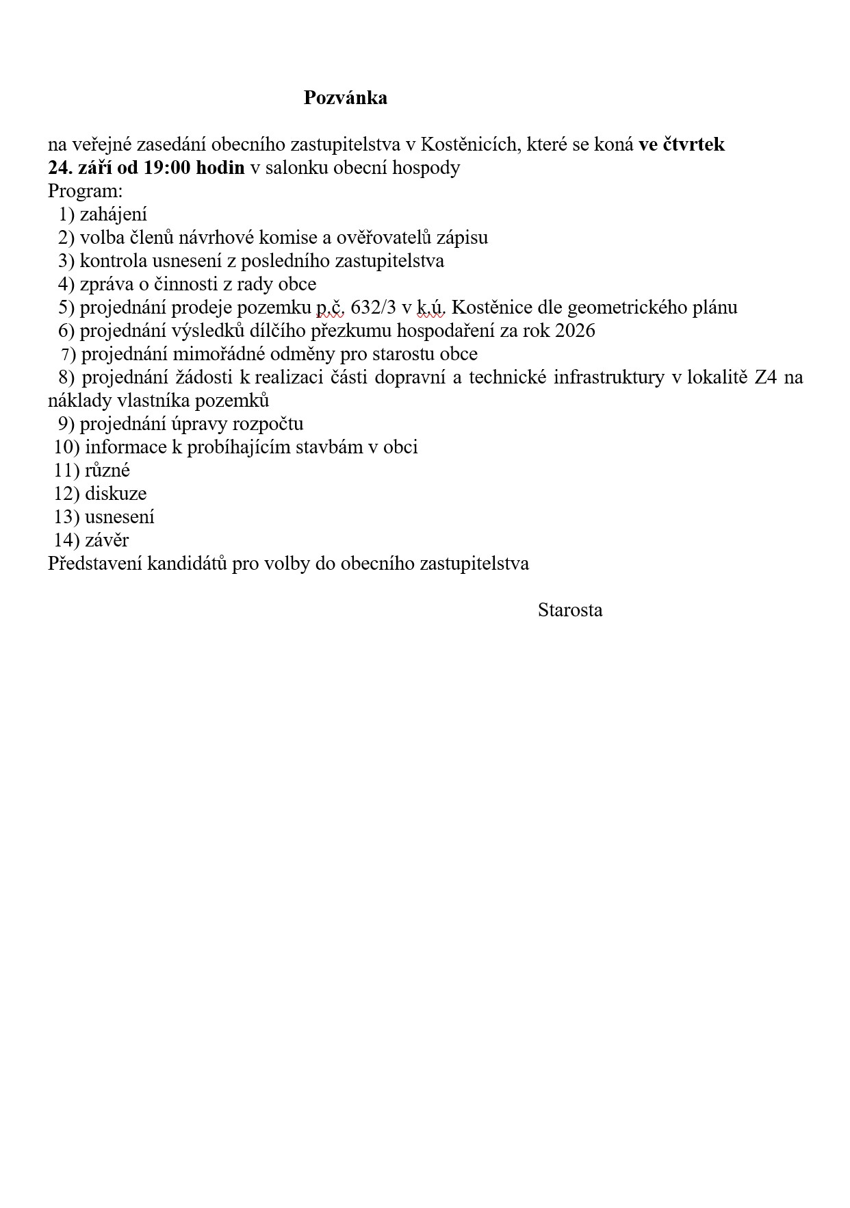 Veřejné zasedání obecního zastupitelstva 09/2026 Veřejné zasedání obecního zastupitelstva 09/2026